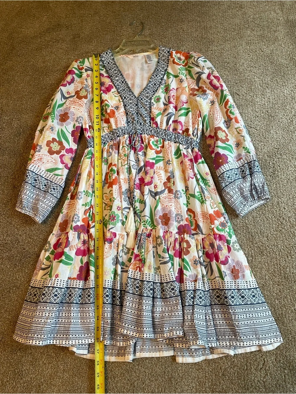 Kaktus Boho Floral Tiered Womens Dress with Blue Trim Size M V Neck Cottagecore - Picture 11 of 12